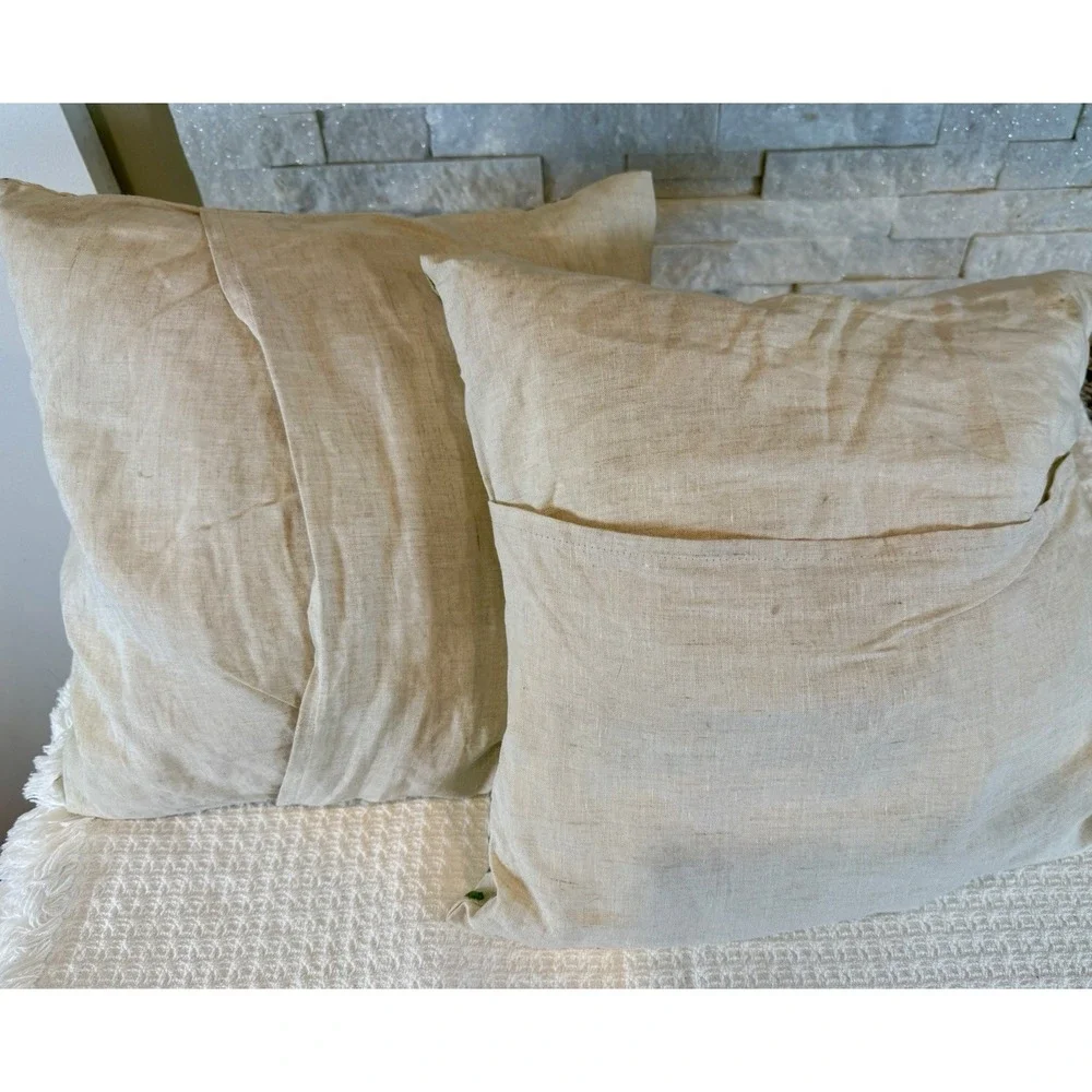 Charvet Editions 100% Linen Throw Pillows Pair 16x16 Botanical Made In France